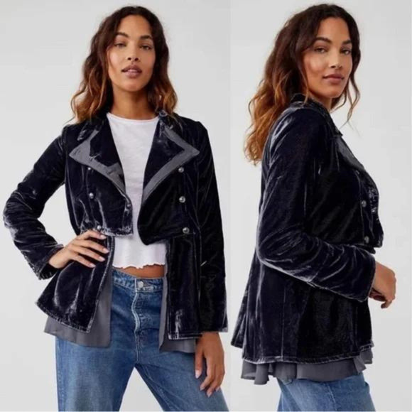 Free People Jackets & Blazers - Free People Faye Velvet Jacket Military Style Ebony Grey Color NWT Sz Small $228
